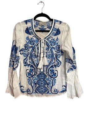 White Peasant Blouse with Blue Embroidery and Tassel Tie